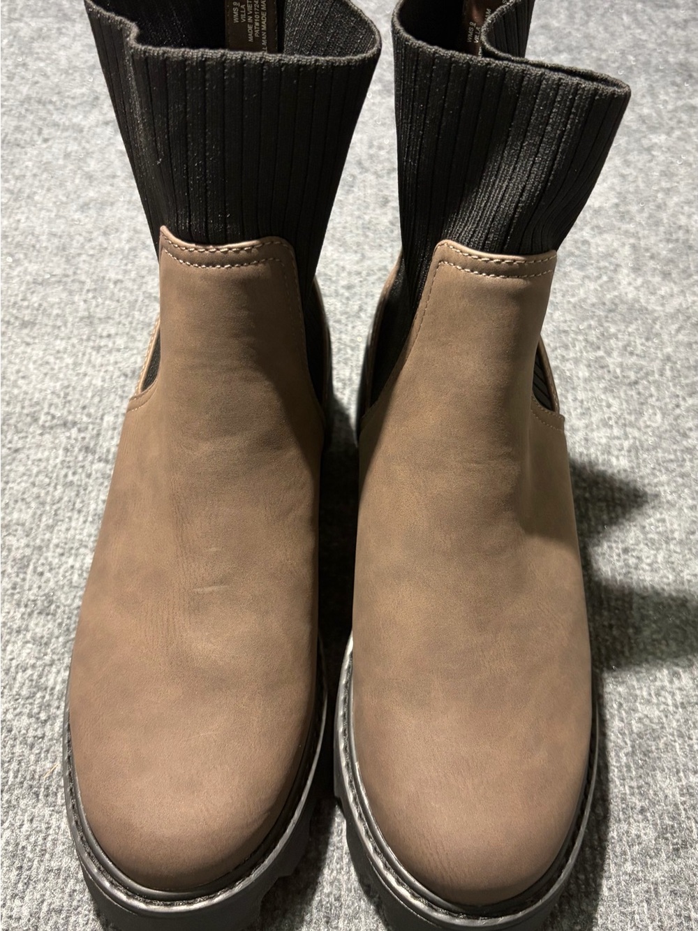Dolce Vita Taupe Brown Chelsea Boots with Black Knit Ankle